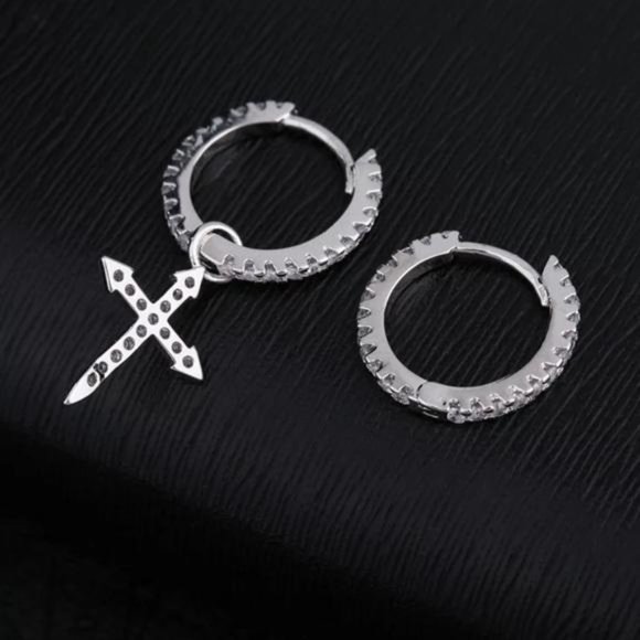DIAMOND 925 SILVER CROSS PENDANT HOOP EARRINGS, NICE EARRINGS, CUTE EARRINGS - Picture 5 of 5